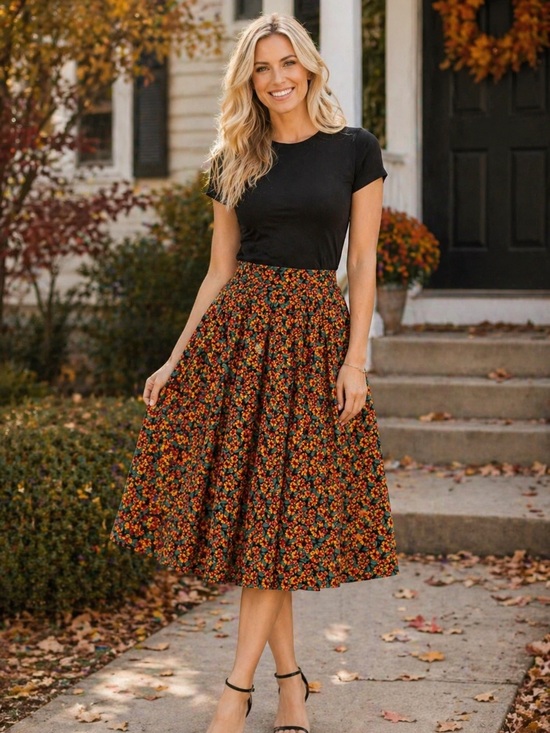 Tulip B Dresses & Skirts - NWT Tulip B Vintage Inspired Floral Midi Skirt Black Orange Green Sunflowers XL